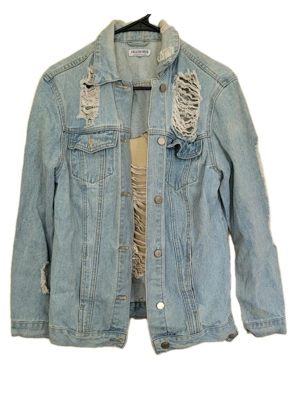 Fashion Nova Blue Distressed Denim Jean Jacket - Women's Size Small. Button Up